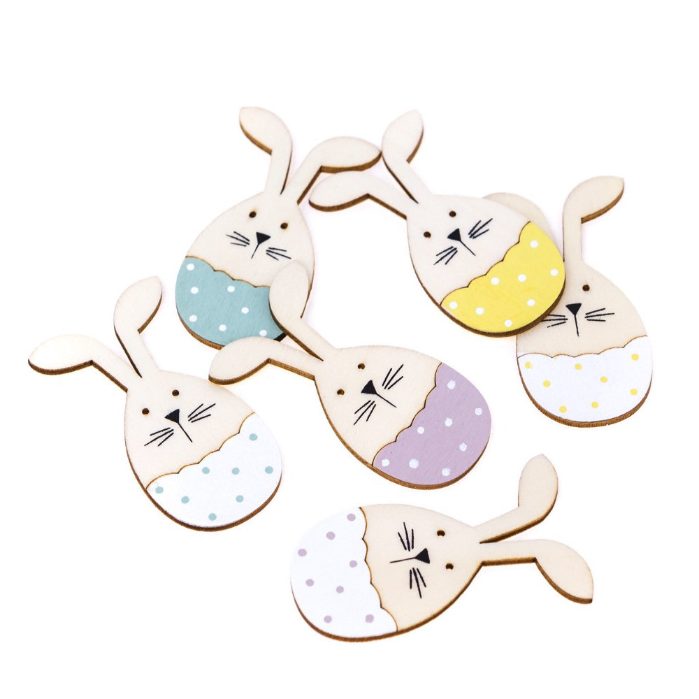Wooden bunnies in easter eggs - DpCraft - pastel, 8 cm, 6 pcs.