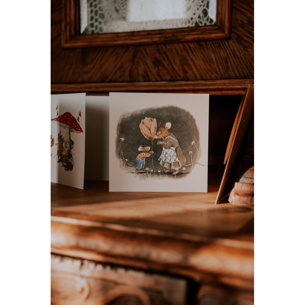Greeting card - Hi Little - Mice with flower, 14,5 x 14,5 cm