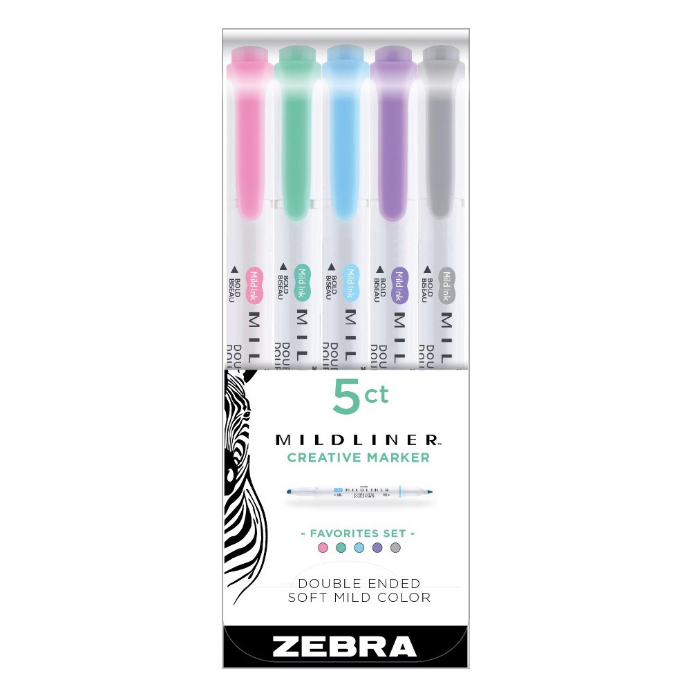 Set of double ended highlighters Mildliner - Zebra - Favorites, 5 pcs.