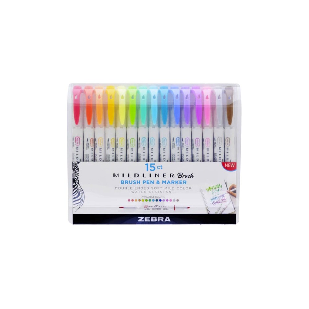 Zestaw dwustronnych zakreślaczy Mildliner Brush - Zebra - 15 kolorów