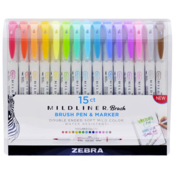 Zestaw dwustronnych zakreślaczy Mildliner Brush - Zebra - 15 kolorów