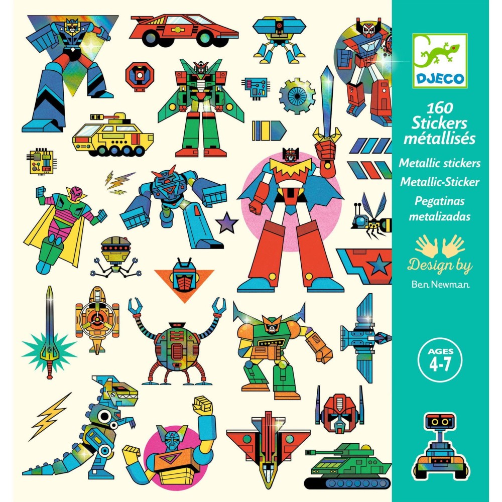 Zestaw metalicznych naklejek, Roboty - Djeco - 160 szt.