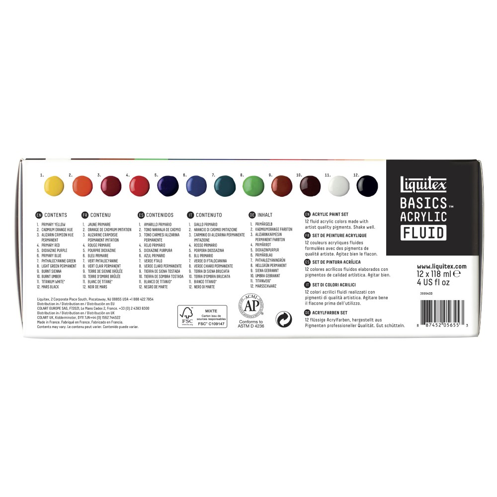 Zestaw farb Basics Acrylic Fluid - Liquitex - 12 kolorów x 118 ml