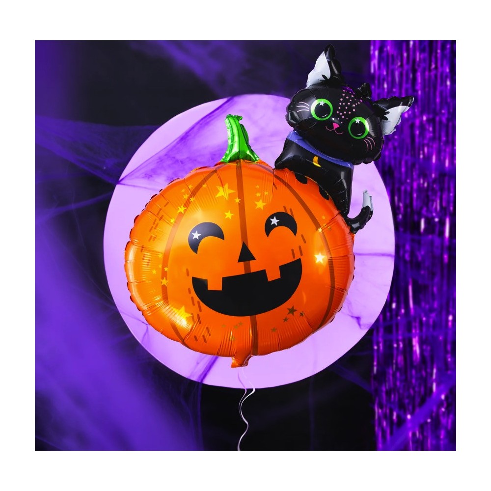 Balon foliowy na Halloween Dynia z Kotkiem - 69 x 84 cm