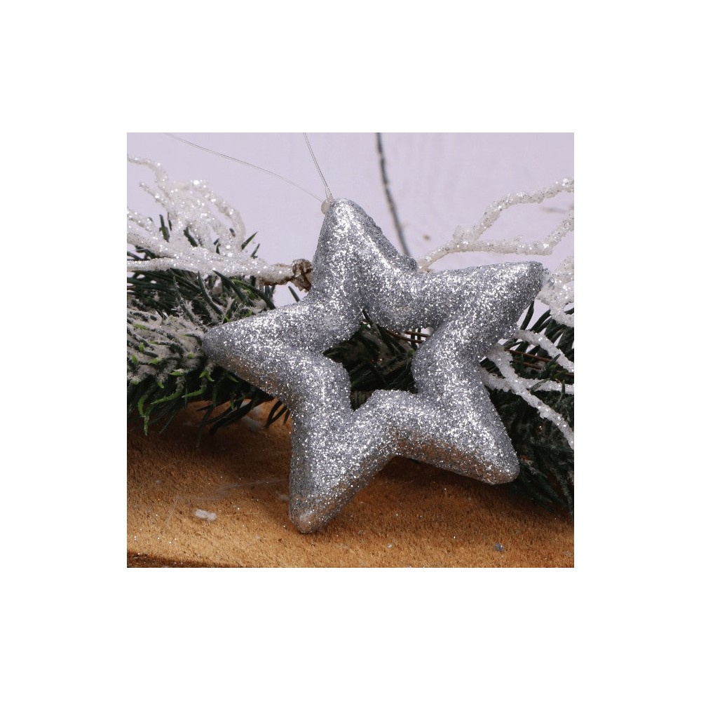 Glitter styrofoam stars - silver, 7,5 cm, 6 pcs.