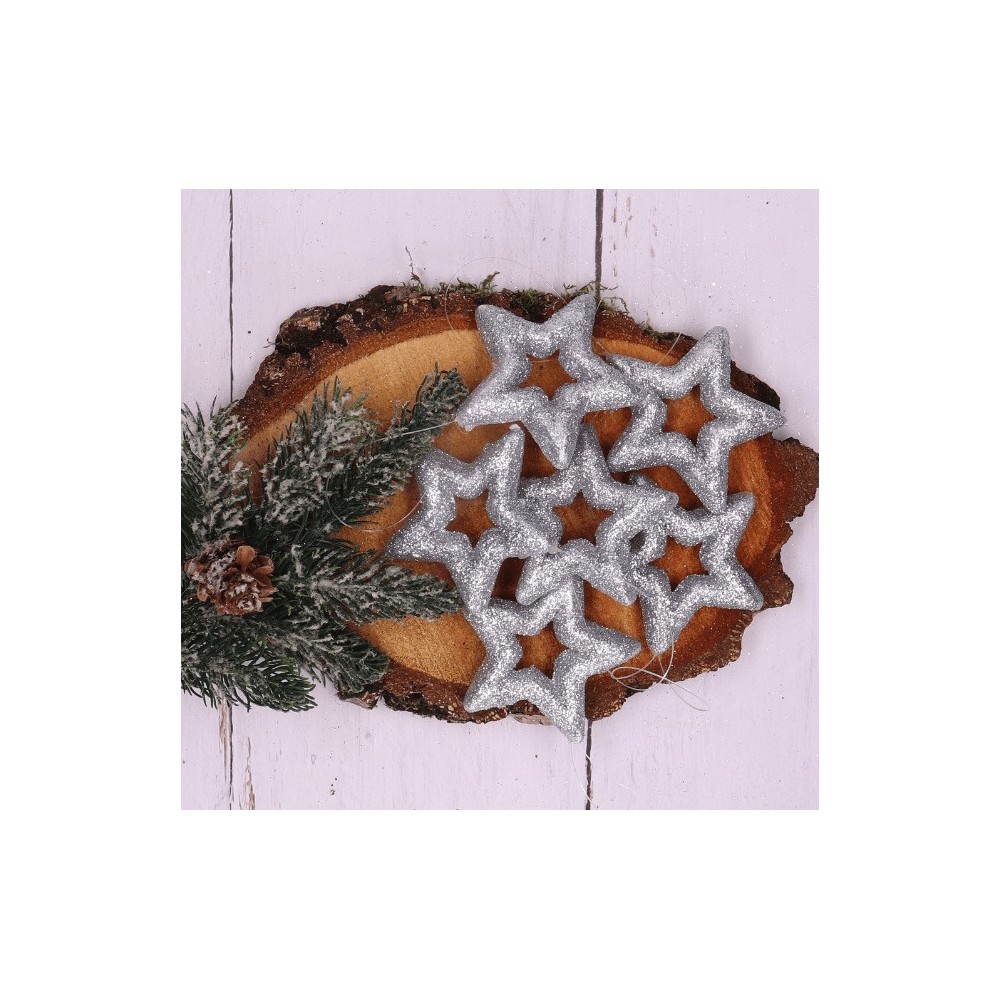Glitter styrofoam stars - silver, 7,5 cm, 6 pcs.