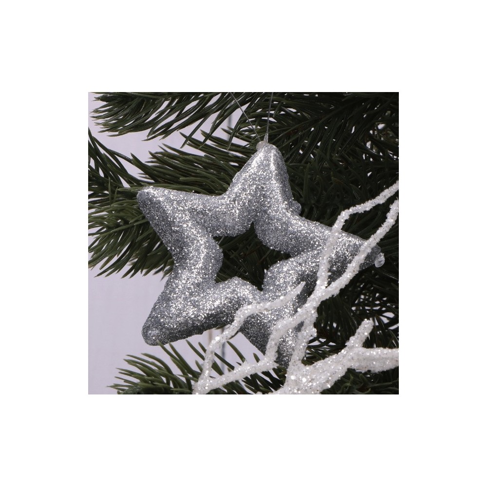 Glitter styrofoam stars - silver, 7,5 cm, 6 pcs.