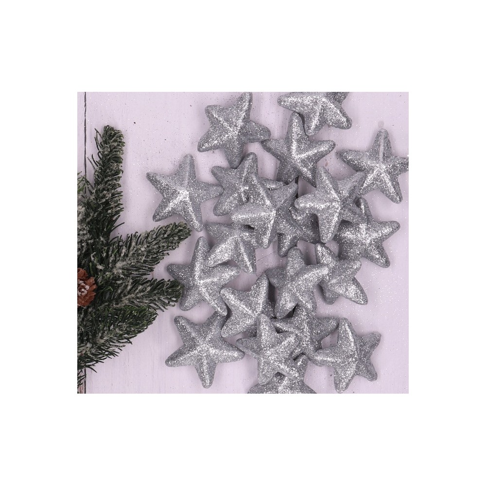 Glitter styrofoam stars - silver, 5 cm, 20 pcs.