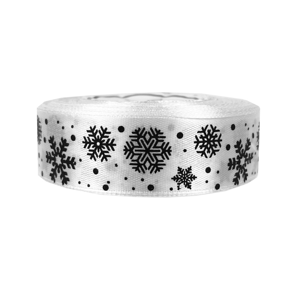 Satin ribbon Snowflakes - white, 25 mm x 22 m