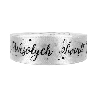 Wstążka satynowa Wesołych Świąt - biała, 25 mm x 22 m