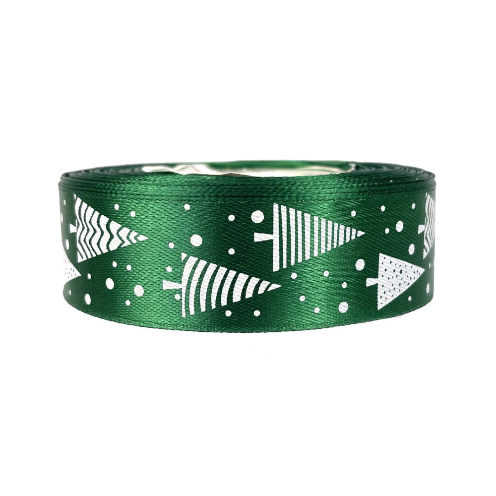 Satin ribbon Christmas Trees - green, 25 mm x 22 m
