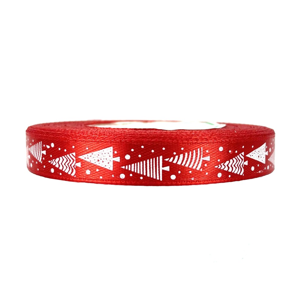 Satin ribbon Christmas Trees - red, 12 mm x 22 m