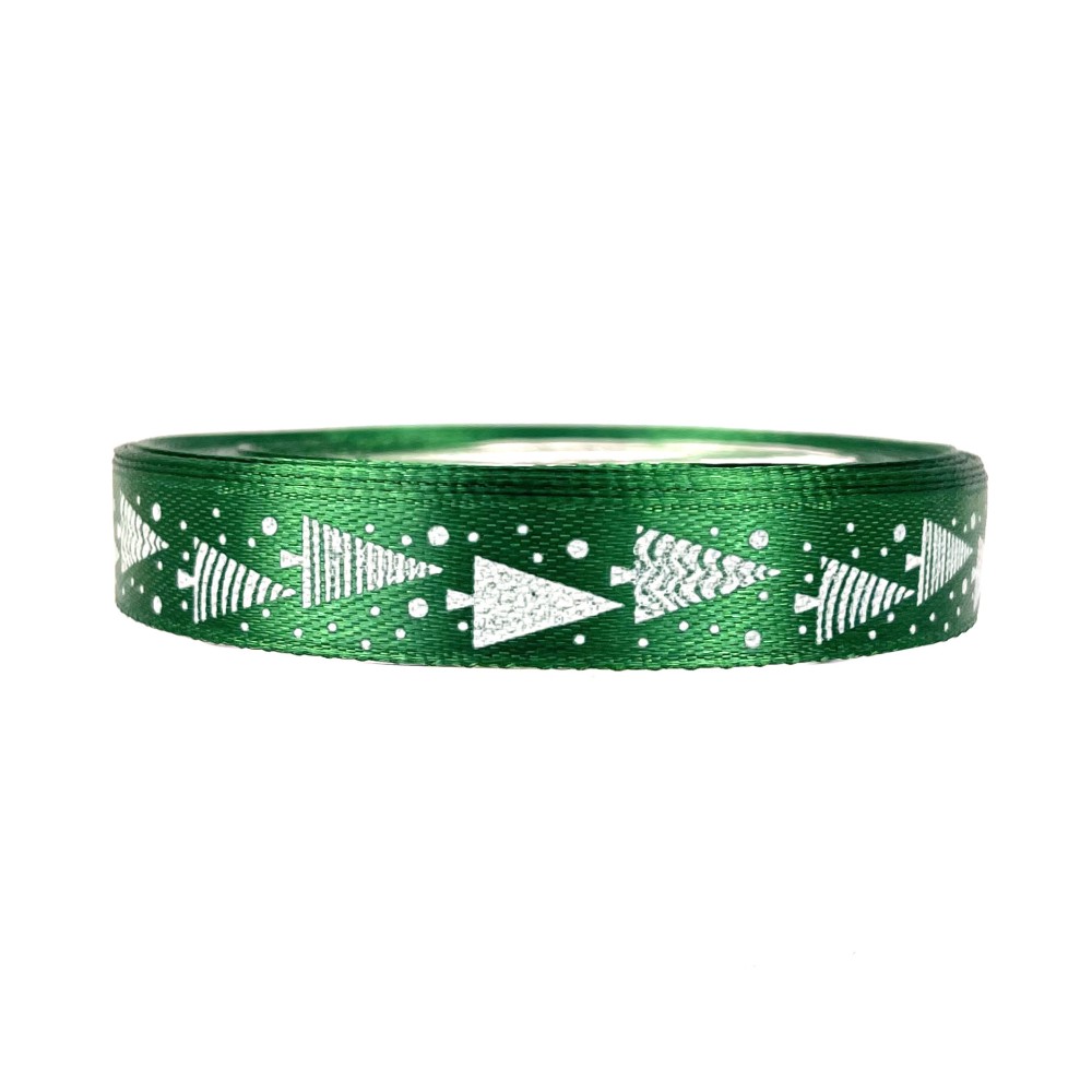 Satin ribbon Christmas Trees - green, 12 mm x 22 m