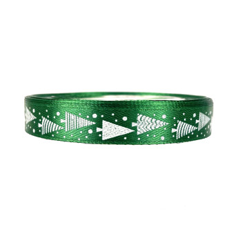 Satin ribbon Christmas Trees - green, 12 mm x 22 m