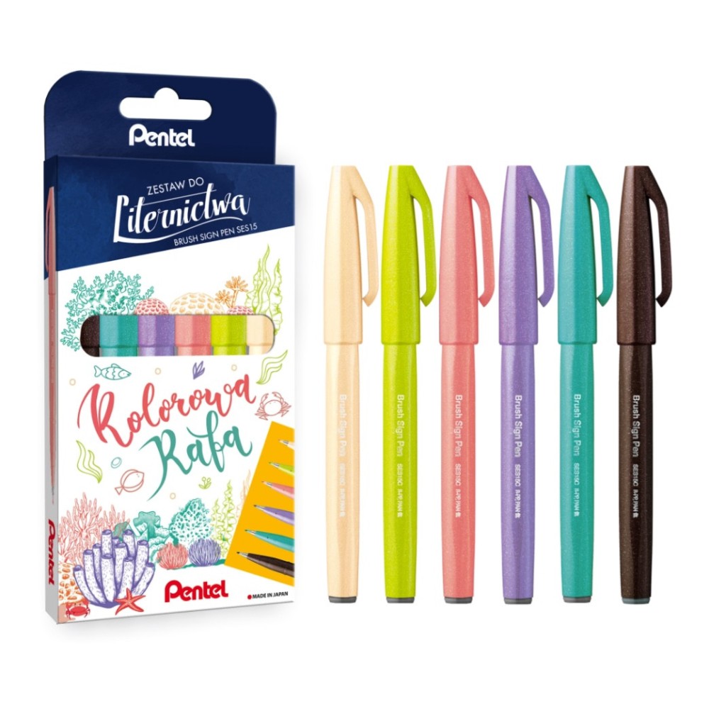 Set of artistic Brush Sign Pen - Pentel - Colorful Reef, 6 pcs.