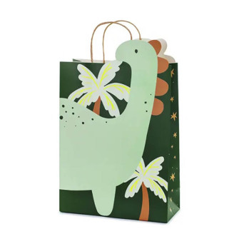 Gift paper bag, Dinosaur - green, 10 x 24 x 37 cm