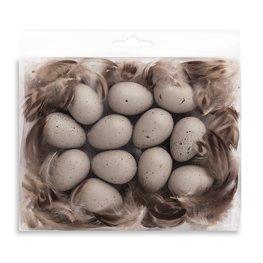 Jajka przepiórcze z piórami - DpCraft - szaro-beżowe, 4 cm, 12 szt.