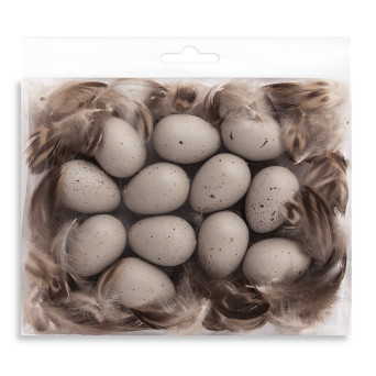 Jajka przepiórcze z piórami - DpCraft - szaro-beżowe, 4 cm, 12 szt.