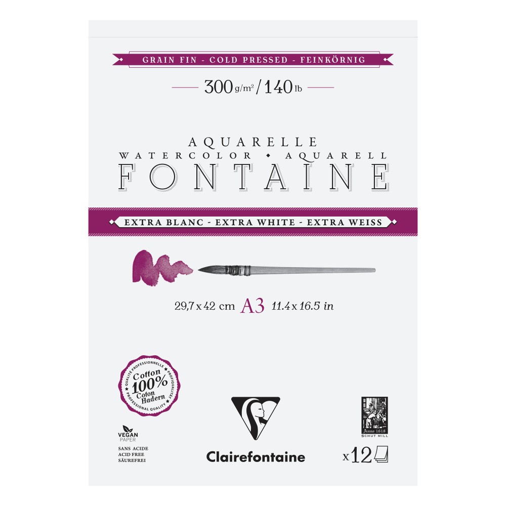 Watercolour Fontaine paper pad - Clairefontaine - cold pressed, A3, 300 g, 12 sheets