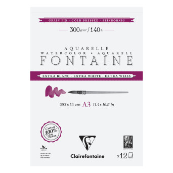 Watercolour Fontaine paper pad - Clairefontaine - cold pressed, A3, 300 g, 12 sheets