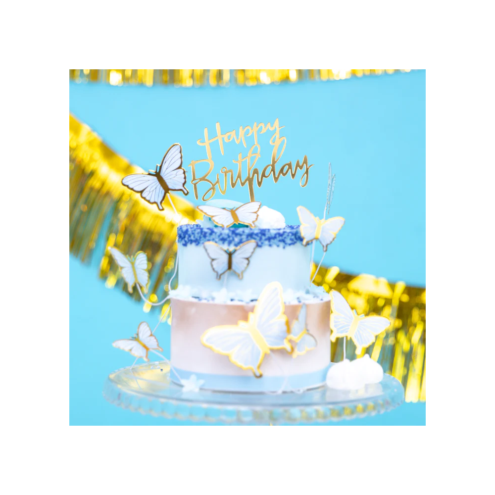 Topper na tort Happy Birthday - złoty, 13 x 13,5 cm