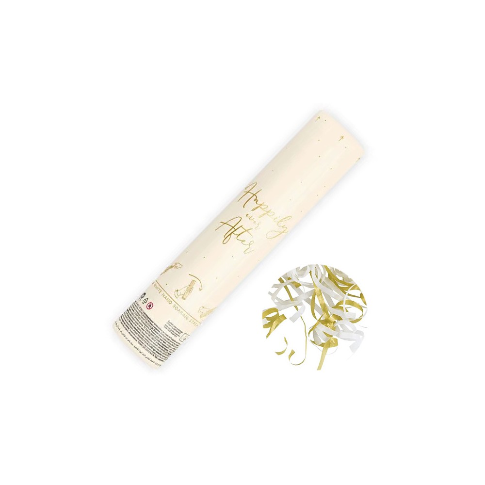Confetti cannon with streamers - white and gold, 25 cm