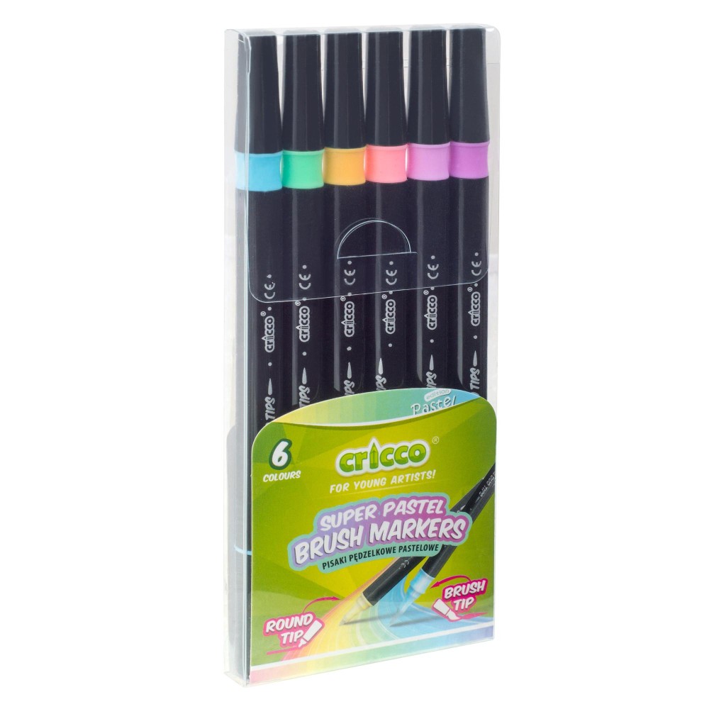 Pisaki pędzelkowe dwustronne - Cricco - pastelowe, 6 kolorów
