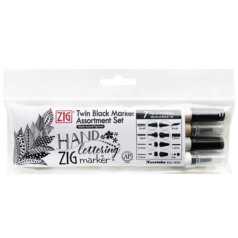 Zestaw pisaków Zig Twin Black Marker - Kuretake - 4 szt.