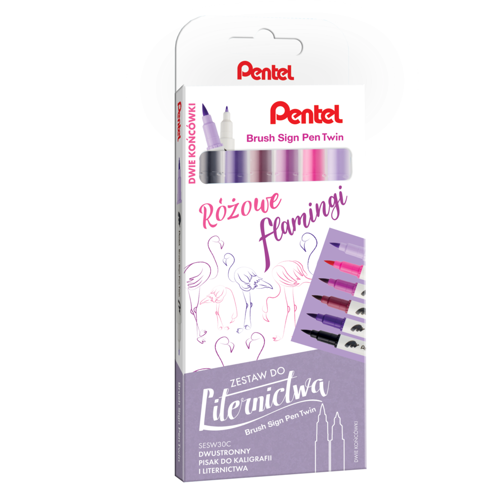 Brush Sign Pen Twin Set - Pentel - Pink Flamingos, 6 pcs.