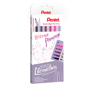 Zestaw pisaków Brush Sign Pen Twin - Pentel - Różowe Flamingi, 6 szt.