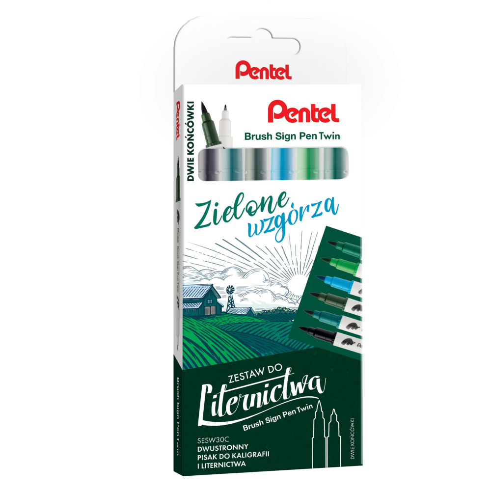 Zestaw pisaków Brush Sign Pen Twin - Pentel - Zielone Wzgórza, 6 szt.