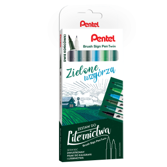 Zestaw pisaków Brush Sign Pen Twin - Pentel - Zielone Wzgórza, 6 szt.