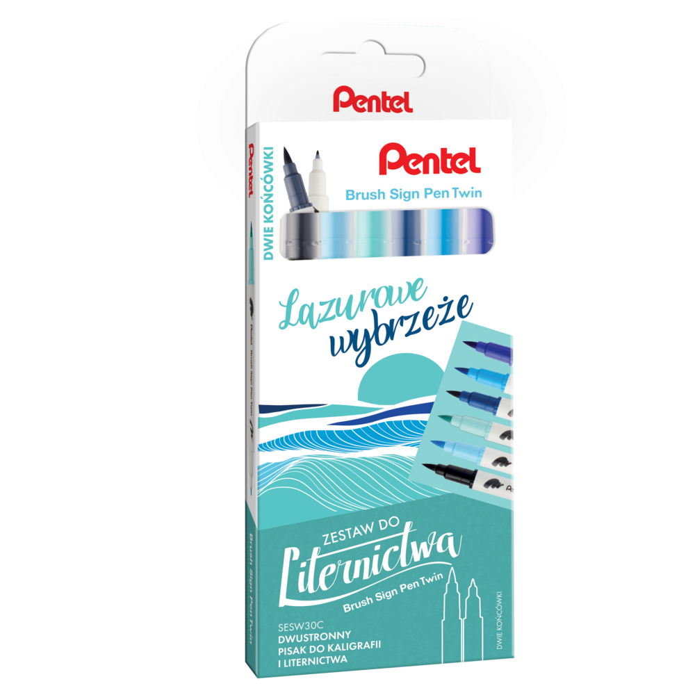 Zestaw pisaków Brush Sign Pen Twin - Pentel - Lazurowe Wybrzeże, 6 szt.