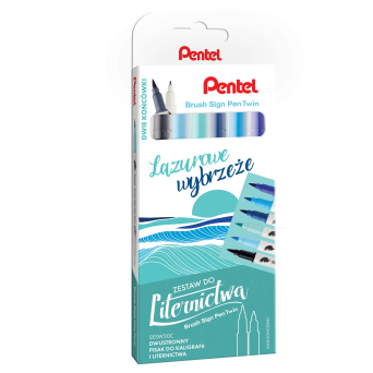 Zestaw pisaków Brush Sign Pen Twin - Pentel - Lazurowe Wybrzeże, 6 szt.