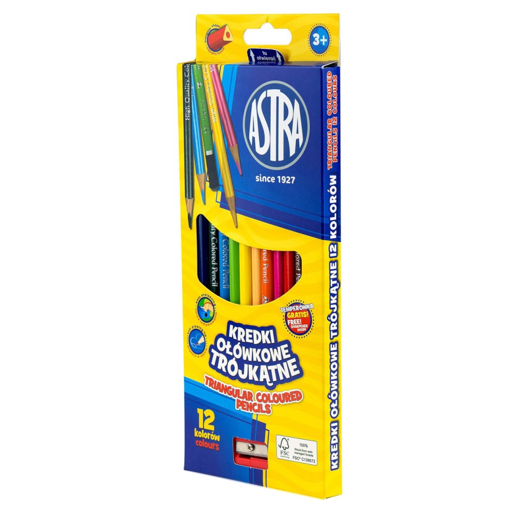 Triangular colored pencils + sharpener - Astra - 12 pcs.