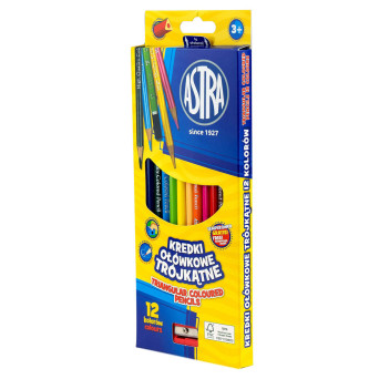 Triangular colored pencils + sharpener - Astra - 12 pcs.