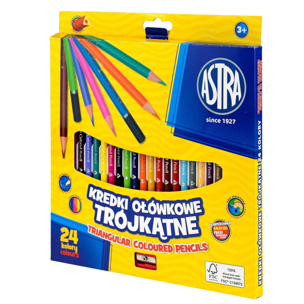 Triangular colored pencils + sharpener - Astra - 24 pcs.