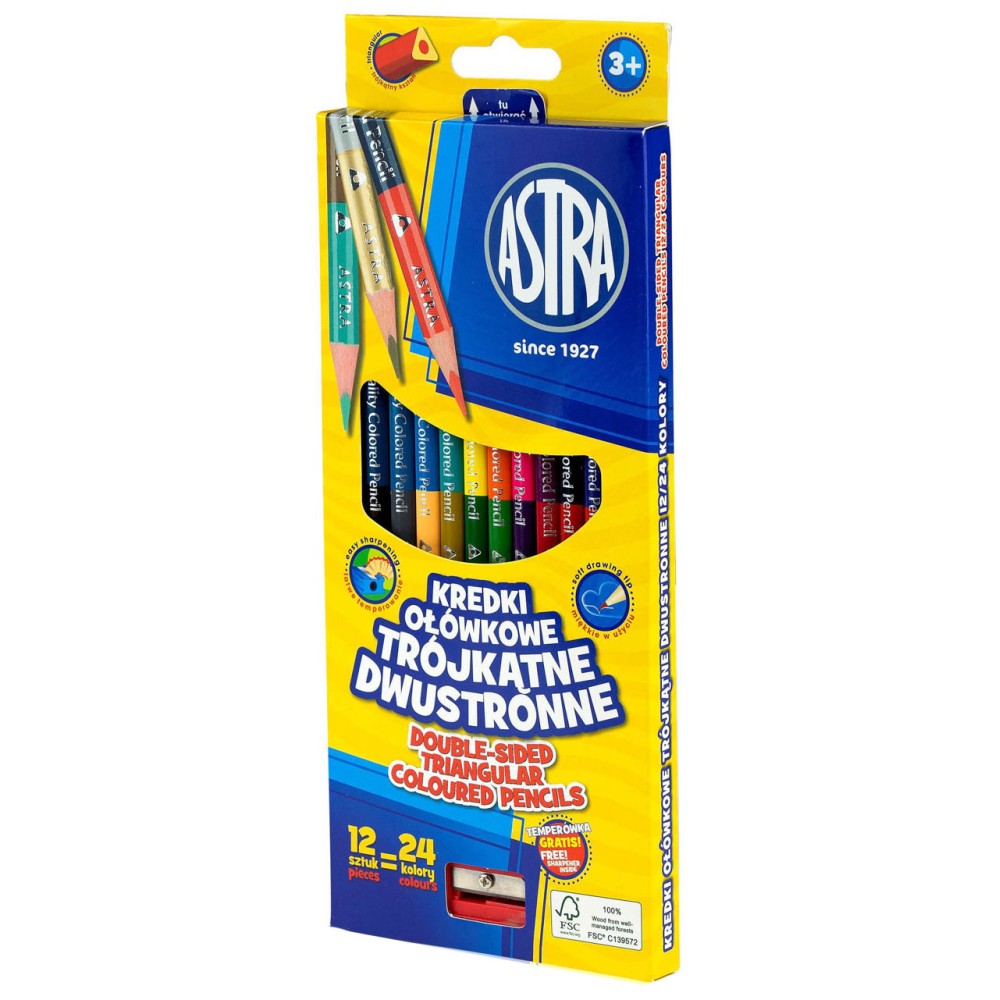 Double-sided triangular colored pencils + sharpener - Astra - 12 pcs.