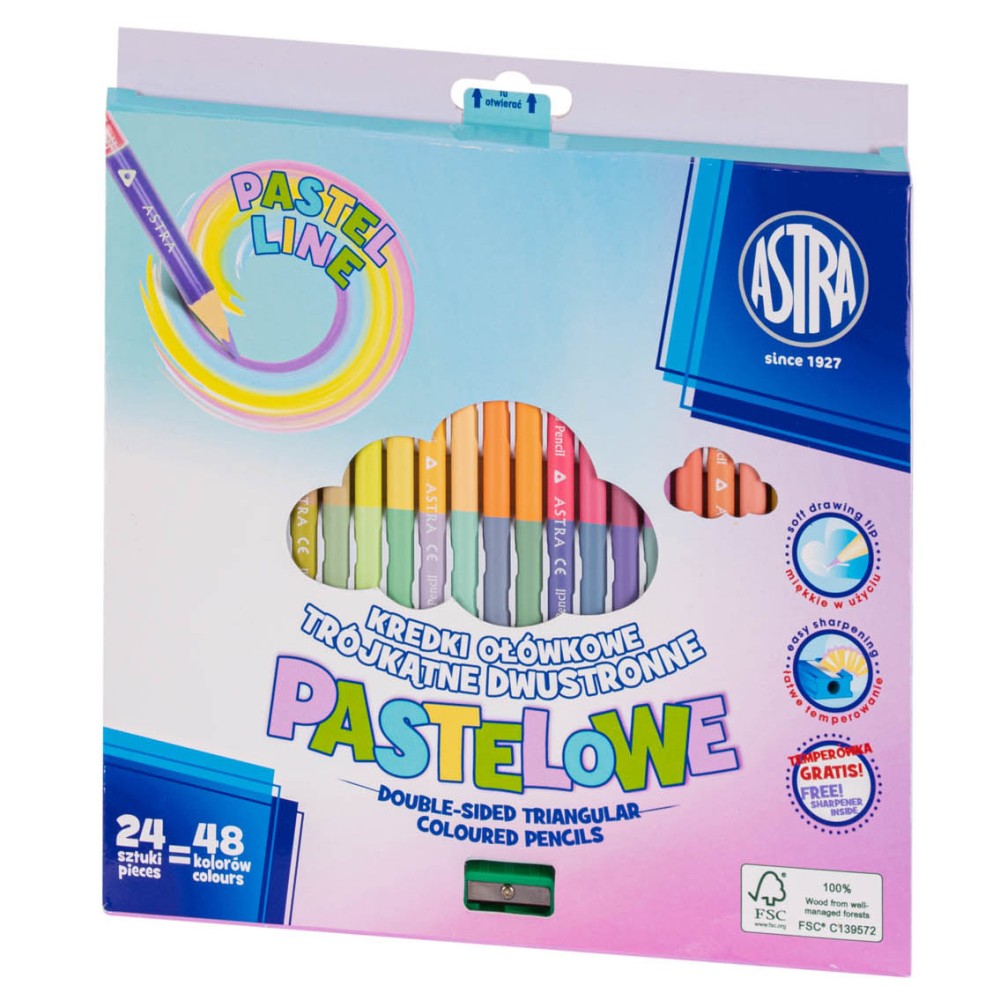 Kredki trójkątne dwustronne + temperówka - Astra - pastelowe, 48 kolorów