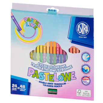 Kredki trójkątne dwustronne + temperówka - Astra - pastelowe, 48 kolorów