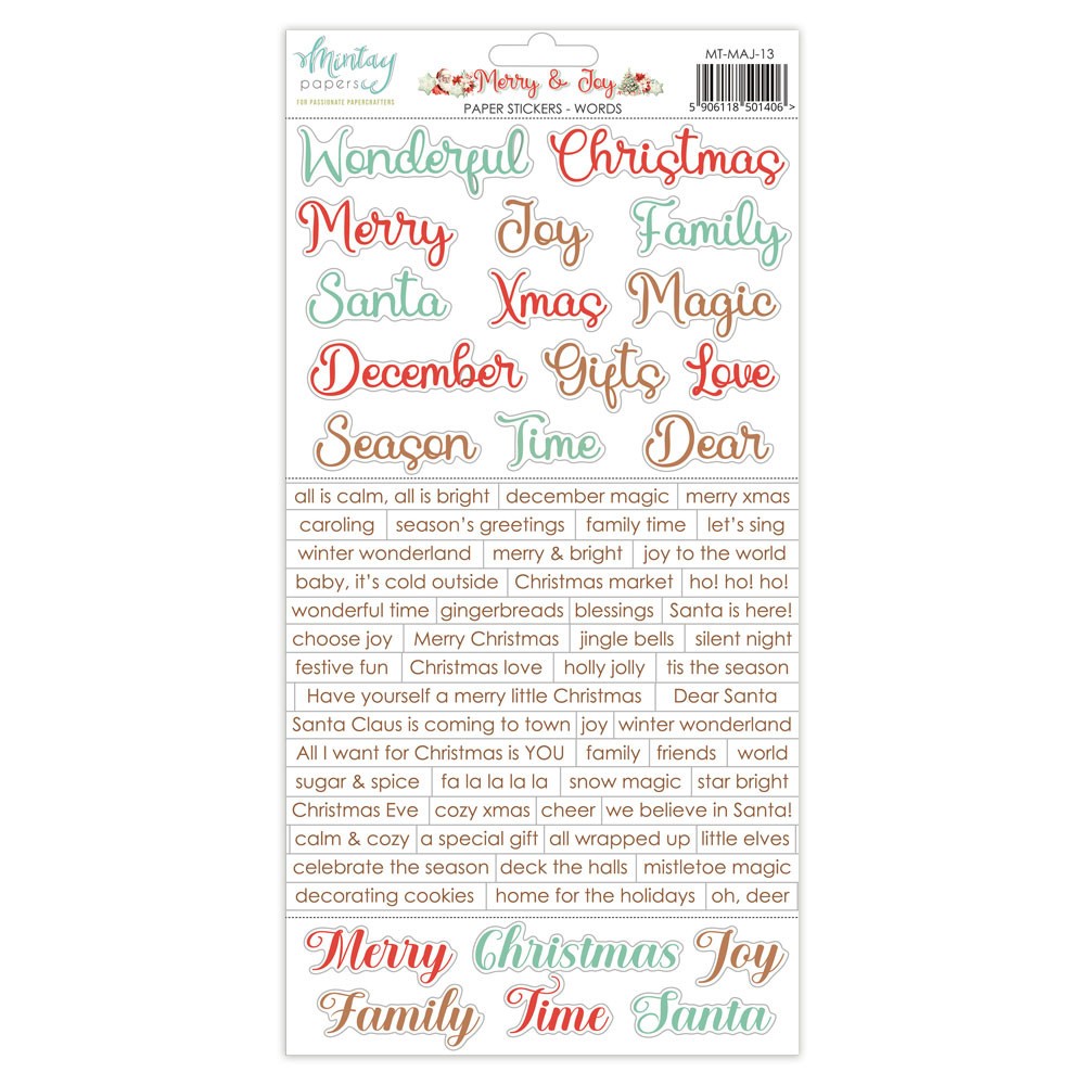 Zestaw naklejek papierowych 15,2 x 20,3 cm - Mintay - Merry & Joy, wersja angielska
