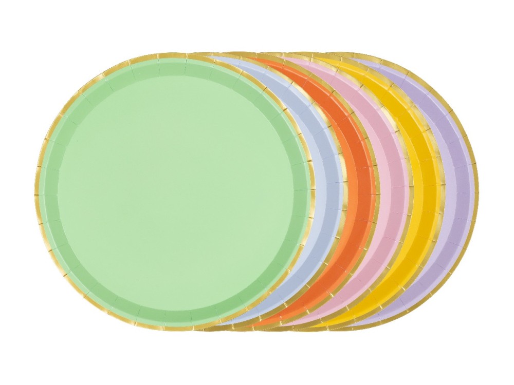 Paper plates with gold edges - 6 colors, 21 cm, 6 pcs.