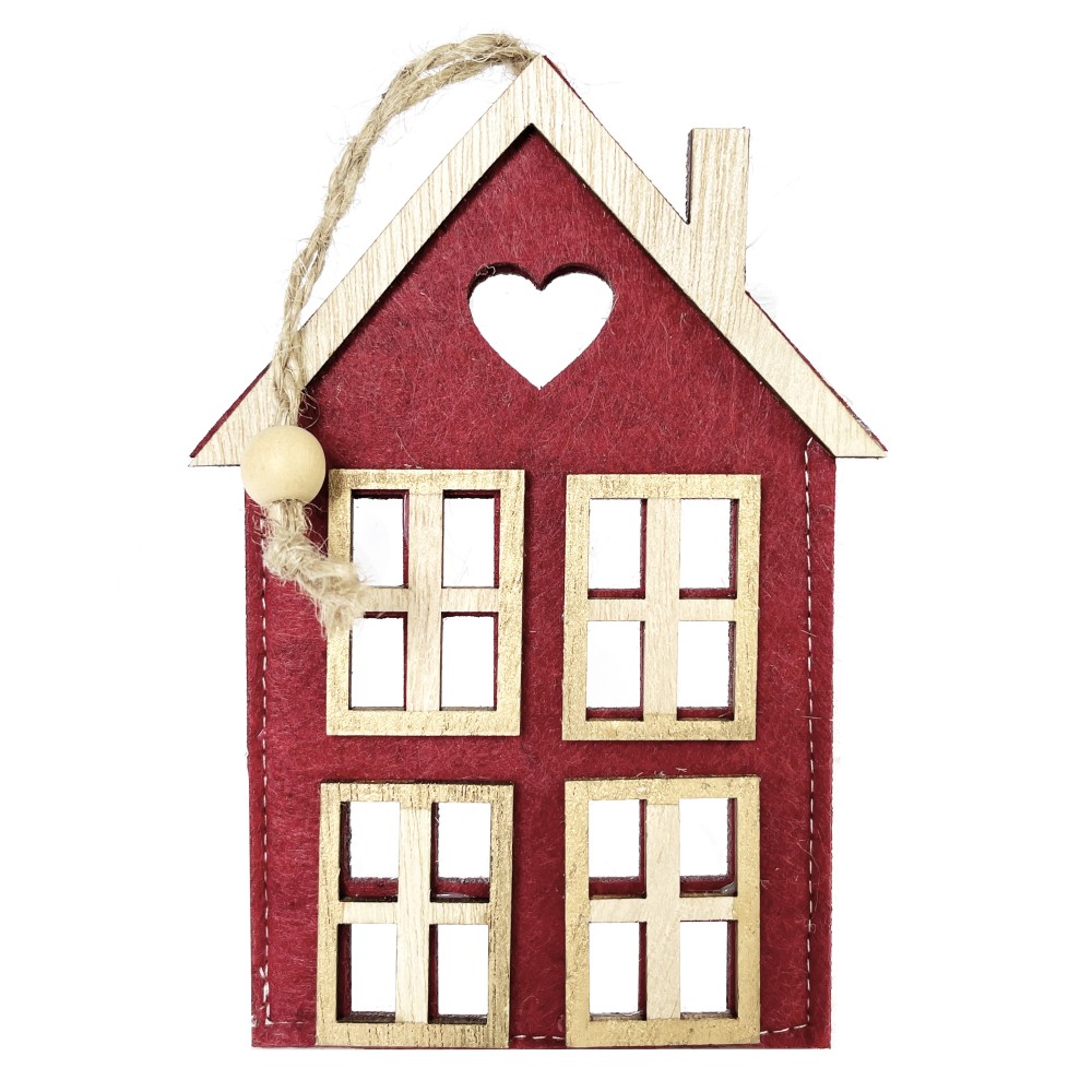 Felt wooden pendant House - red, 8,5 x 14 cm