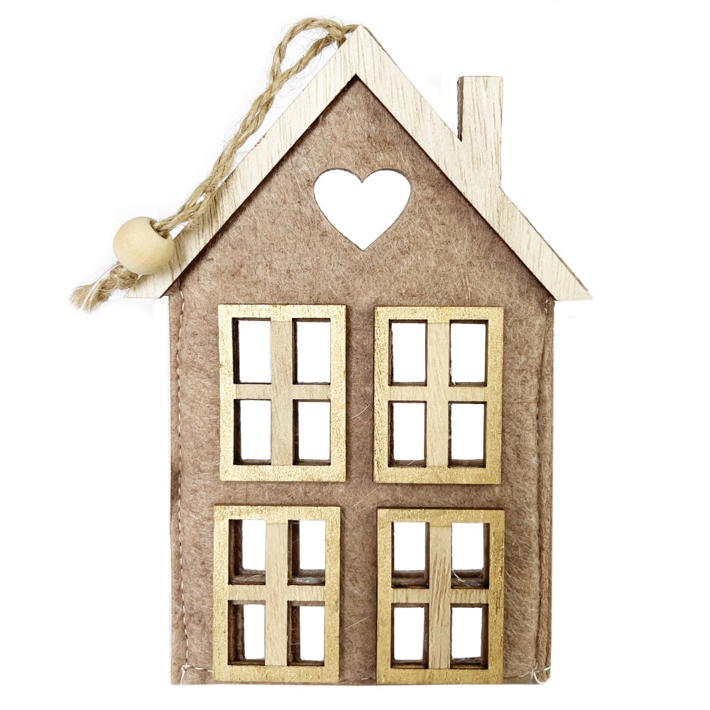 Felt wooden pendant House - brown, 8,5 x 14 cm
