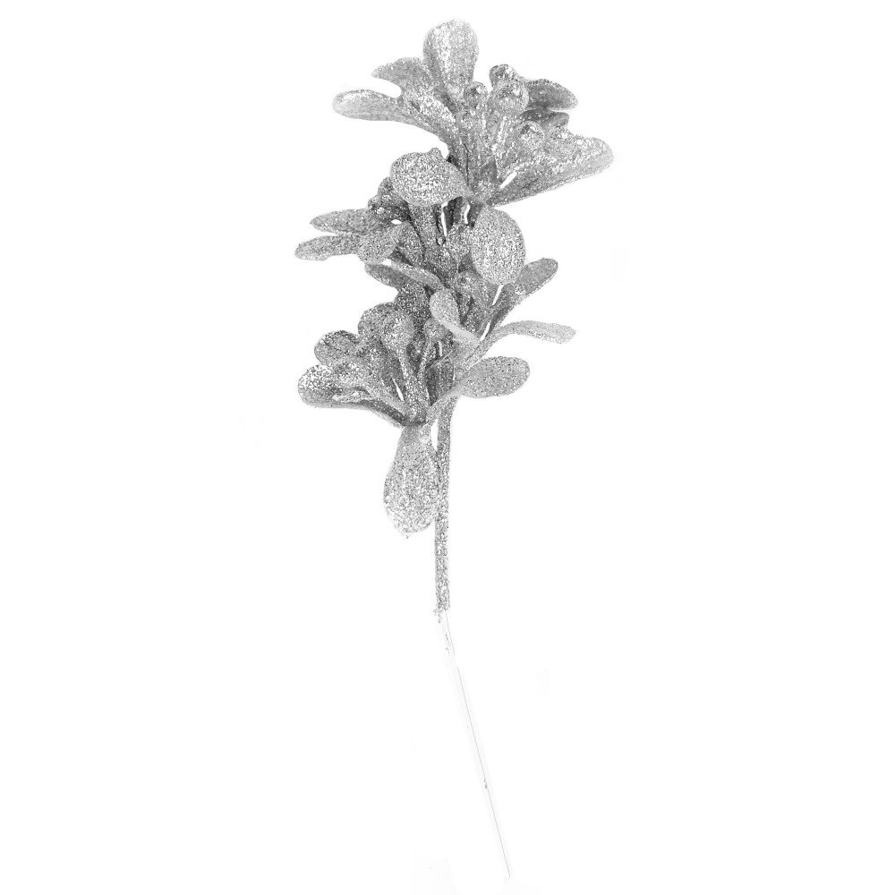 Christmas mistletoe branch with glitter - silver, 18 cm