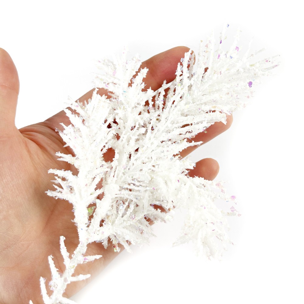 Gałązka świąteczna ośnieżona z brokatem - biała, 25 cm