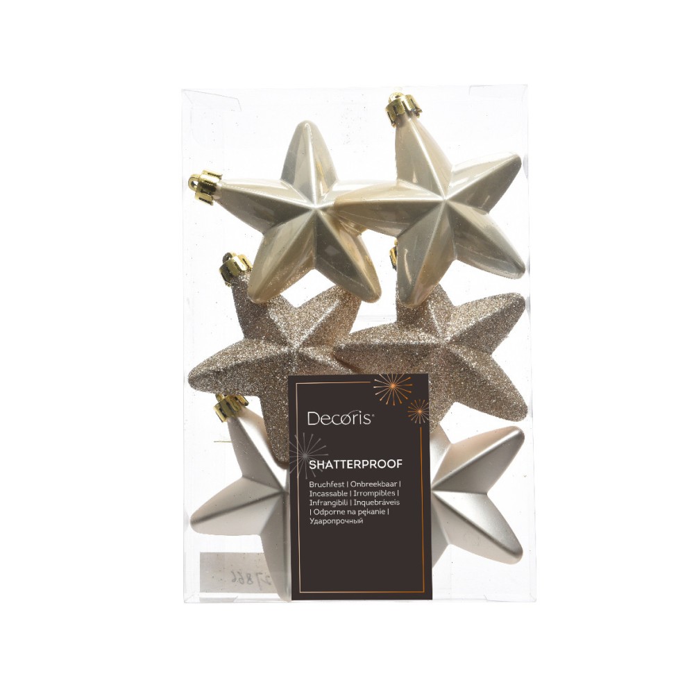 Shatterproof Star baubles - pearl, 7,5 cm, 6 pcs.