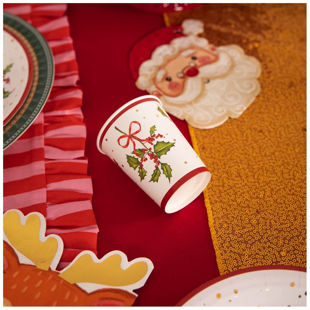 Paper cups Christmas Holly branch - 220 ml, 10 pcs.