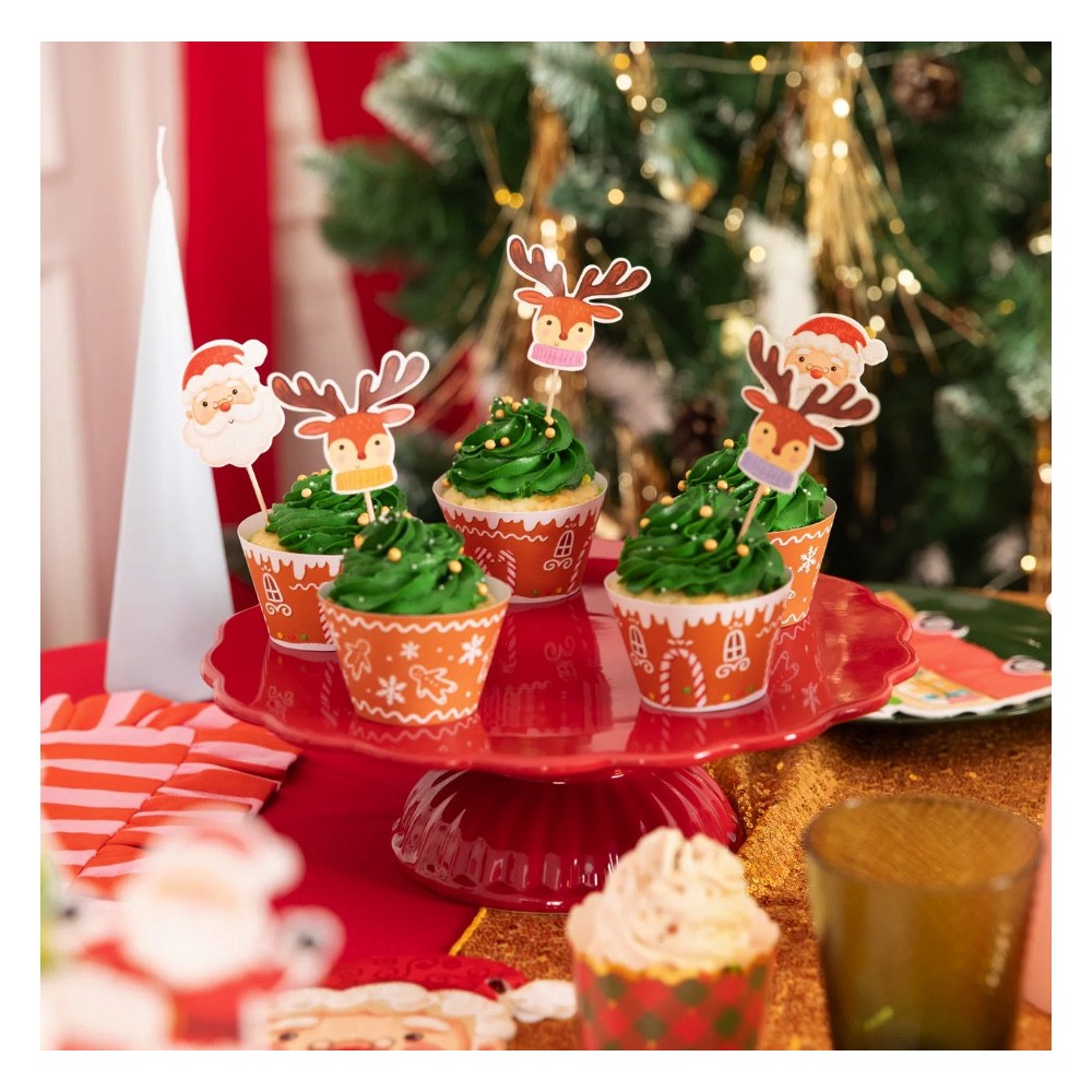 Toppery na tort i muffinki Mikołaj i Renifer - 11 cm, 10 szt.