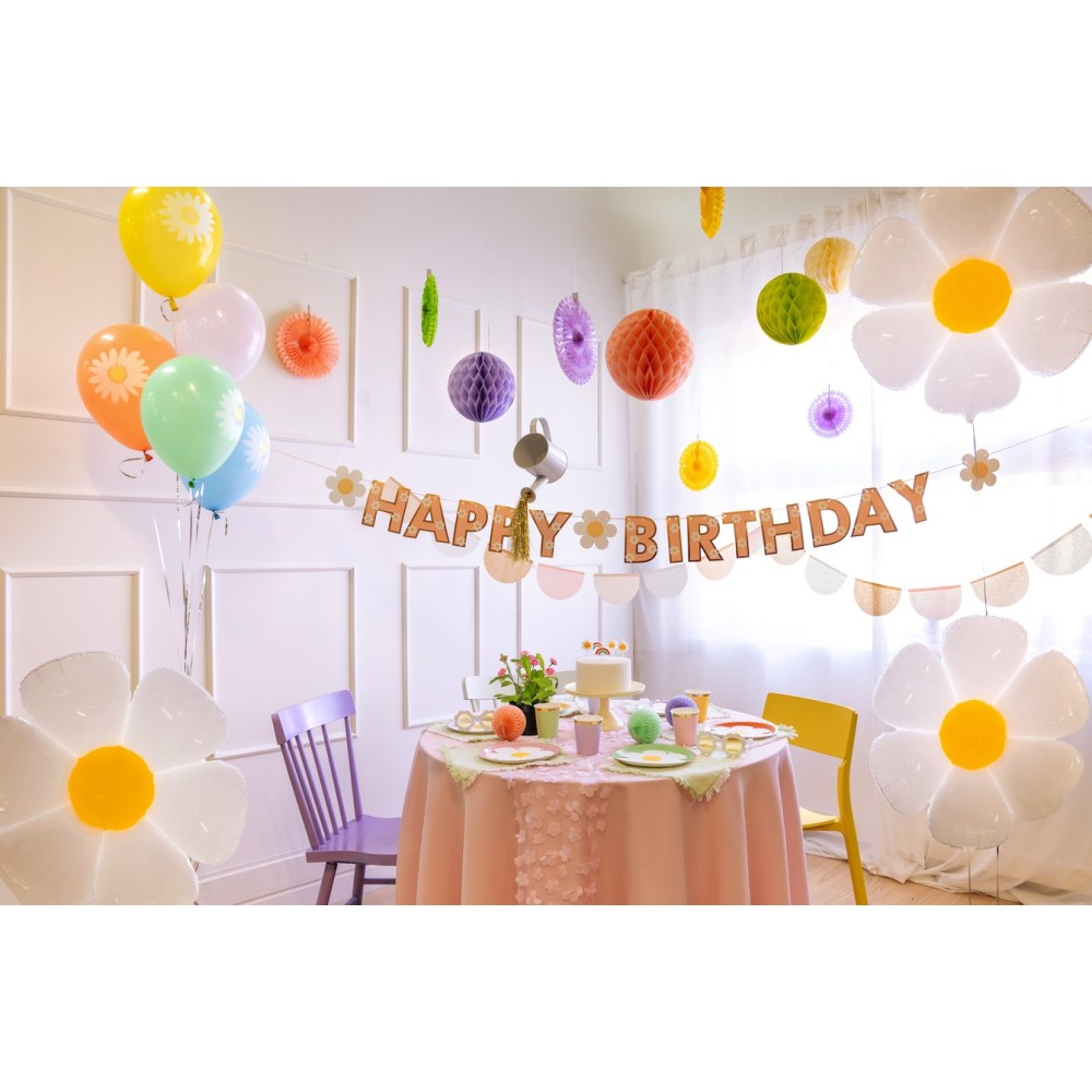 Girlanda Happy Birthday Kwiatki - różowa, 14,5 x 200 cm